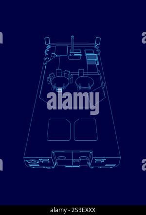 Blue drawing of a vehicle with a blue background. The vehicle is a military vehicle with a blue design Stock Vector