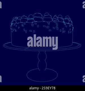 Blue cake with icing and sprinkles on top of a blue plate. The cake is drawn in blue Stock Vector