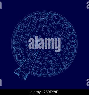 Blue image of a pizza with a slice missing. The pizza is cut into pieces and the slices are scattered around the pizza Stock Vector