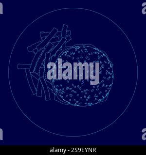 Blue plate with a hamburger and fries. The hamburger is cut in half and the fries are scattered around it Stock Vector