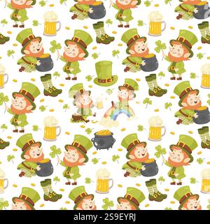 Seamless St. Patricks pattern. Cute leprechauns. For background, wrapping paper, fabric Stock Vector
