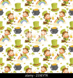 Seamless St. Patricks pattern. Cute leprechauns. For background, wrapping paper, fabric Stock Vector