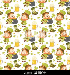 Seamless St. Patricks pattern. Cute leprechauns. For background, wrapping paper, fabric Stock Vector