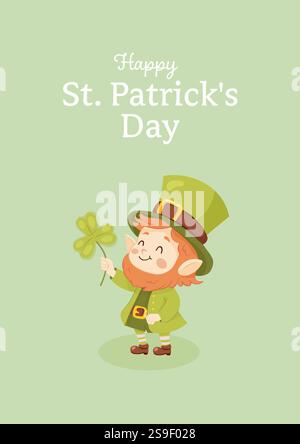 St. patricks day. A postcard of a cute leprechaun with clover Stock Vector