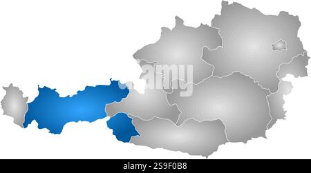 Map of Austria with the provinces, filled with a radial gradient, Tyrol is highlighted. Stock Vector