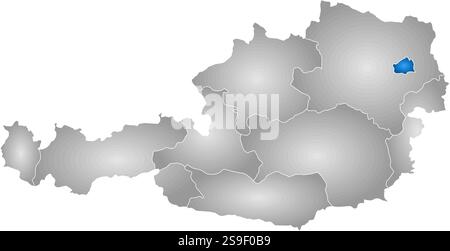 Map of Austria with the provinces, filled with a radial gradient, Vienna is highlighted. Stock Vector