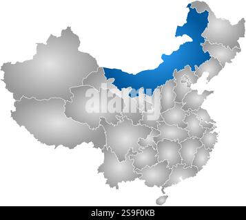 Map of China with the provinces, filled with a radial gradient, Inner Mongolia is highlighted. Stock Vector