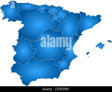 Map of Spain with the provinces, filled with a radial gradient. Stock Vector