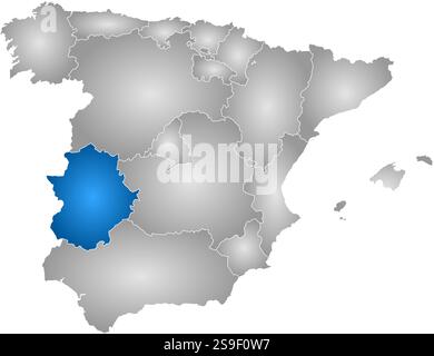 Map of Spain with the provinces, filled with a radial gradient, Extremadura is highlighted. Stock Vector