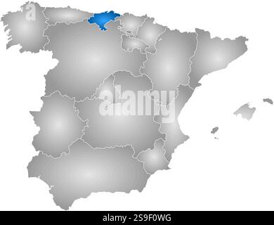 Map of Spain with the provinces, filled with a radial gradient, Cantabria is highlighted. Stock Vector