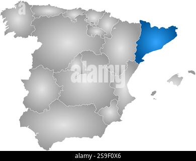 Map of Spain with the provinces, filled with a radial gradient, Catalonia is highlighted. Stock Vector
