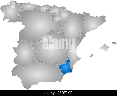 Map of Spain with the provinces, filled with a radial gradient, Murcia is highlighted. Stock Vector