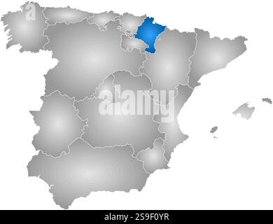 Map of Spain with the provinces, filled with a radial gradient, Navarre is highlighted. Stock Vector