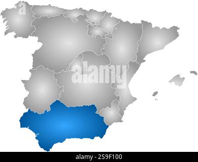 Map of Spain with the provinces, filled with a radial gradient, Andalusia is highlighted. Stock Vector
