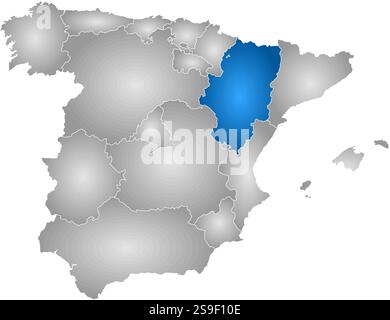 Map of Spain with the provinces, filled with a radial gradient, Aragon is highlighted. Stock Vector