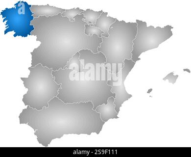 Map of Spain with the provinces, filled with a radial gradient, Galicia is highlighted. Stock Vector