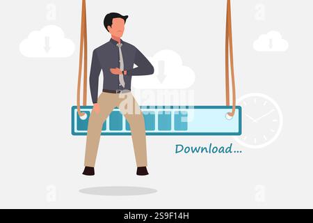 Businessman sitting on the status bar download while looking at his watch. Cloud technology and data storage concept. Vector illustration. Stock Vector