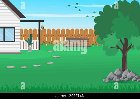 House backyard with wooden fence, rocks, trees, green grass, bench, and flowers. Vector illustration. Stock Vector