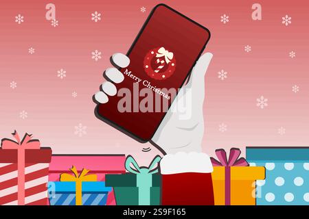 Hand of Santa Claus holding a mobile phone with Merry Christmas greeting. Vector illustration. Stock Vector