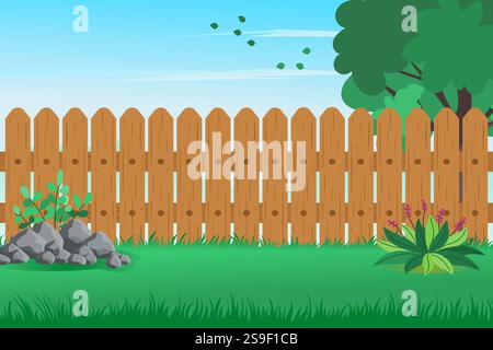 House backyard with wooden fence, rocks, trees, green grass, and flowers. Vector illustration. Stock Vector