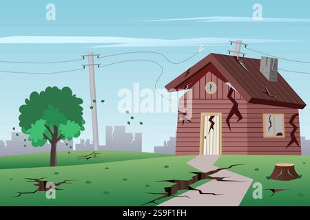 House damaged by earthquake. Natural disaster. Vector illustration. Stock Vector