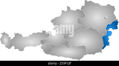 Map of Austria with the provinces, filled with a radial gradient, Burgenland is highlighted. Stock Vector