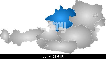 Map of Austria with the provinces, filled with a radial gradient, Upper Austria is highlighted. Stock Vector