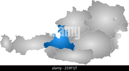 Map of Austria with the provinces, filled with a radial gradient, Salzburg is highlighted. Stock Vector