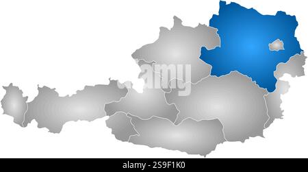 Map of Austria with the provinces, filled with a radial gradient, Lower Austria is highlighted. Stock Vector