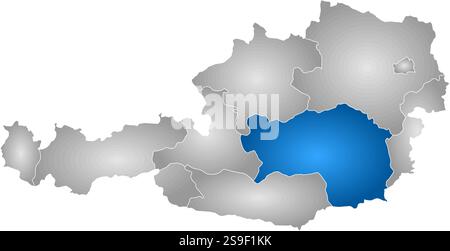 Map of Austria with the provinces, filled with a radial gradient, Styria is highlighted. Stock Vector