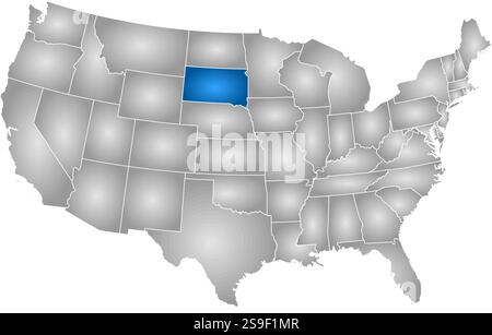 Map of United States with the provinces, filled with a radial gradient, South Dakota is highlighted. Stock Vector
