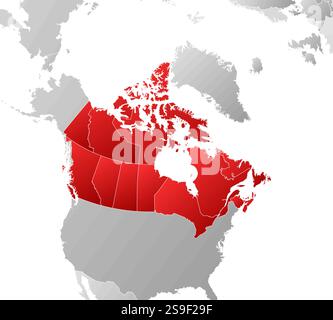 Map of Canada with the provinces and nearby countries, filled with a linear gradient. Stock Vector