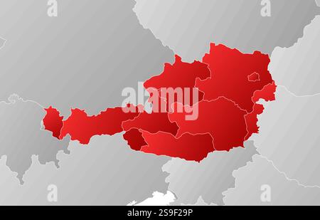 Map of Austria with the provinces and nearby countries, filled with a linear gradient. Stock Vector