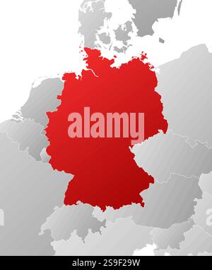 Map of Germany with the provinces and nearby countries, filled with a linear gradient. Stock Vector