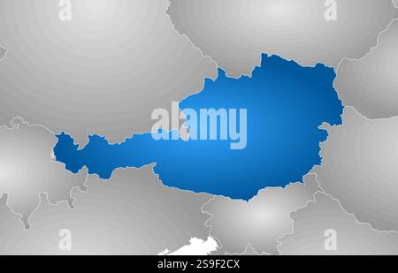 Map of Austria with the provinces and nearby countries, filled with a radial gradient. Stock Vector