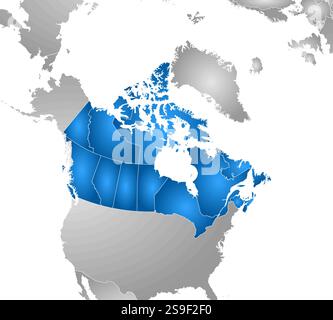 Map of Canada with the provinces and nearby countries, filled with a radial gradient. Stock Vector