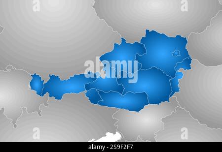 Map of Austria with the provinces and nearby countries, filled with a radial gradient. Stock Vector