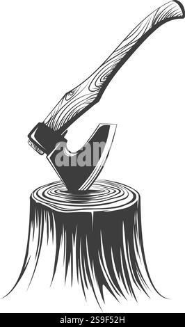 Woodcutters axe stuck in stump Stock Vector