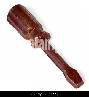 Old rusty screwdriver isolated on white background. Close-up. Stock Photo