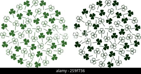 Outline and Silhouette shamrock St Patrick Day Circular Background Texture Monochrome Minimalism Set. Isolated Vector illustration Greeting cards, poster, price tag, label or web promo leaflet, banner Stock Vector