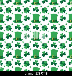 Leprechaun hat, Quatrefoil, Shamrock and Decorative hearts in monochrome green. St Patrick Day fond. Isolated Vector illustration Thematic or greeting cards, label or web promo banner, leaflets, price Stock Vector