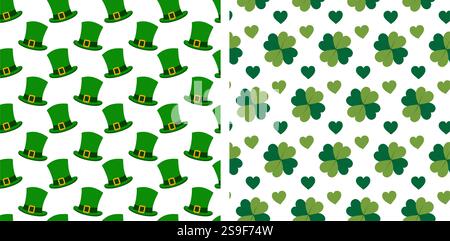 Leprechaun hats and Quatrefoil clover leaves with decorative hearts Seamless patterns St Patrick Day. Isolated Vector illustration Wallpaper, wrapping, thematic cards, price, label or web promo banner Stock Vector