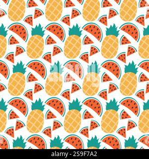 Watermelon slices with seeds and Whole Pineapple Seamless Pattern on transparent background concept. Isolated Vector illustration Thematic cards or web promo banner, leaflets, print materials or tags Stock Vector