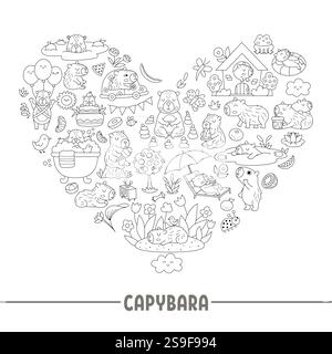 Vector black and white capybara heart shaped frame with relaxed animals, frog, tangerines, fruit. Capibara card template design for banners, invitatio Stock Vector