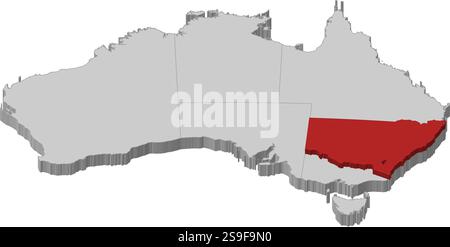 Map of Australia as a gray piece., New South Wales is highlighted in red. Stock Vector