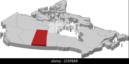 Map of Canada as a gray piece., Saskatchewan is highlighted in red. Stock Vector