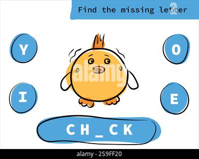 Find missing letter with cartoon chick.Educational game for kids. English language spelling worksheet for preschool children Stock Vector