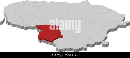 Map of Lithuania as a gray piece., Marijampole is highlighted in red. Stock Vector