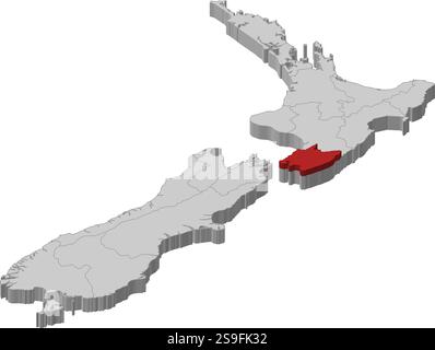 Map of New Zealand as a gray piece., Wellington is highlighted in red. Stock Vector