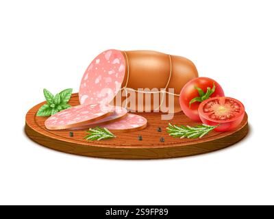 Slicing sausage on wooden cutting board. Meat gastronomy product and vegetables, tomato with basil leaves. Realistic isolated food composition. Menu Stock Vector